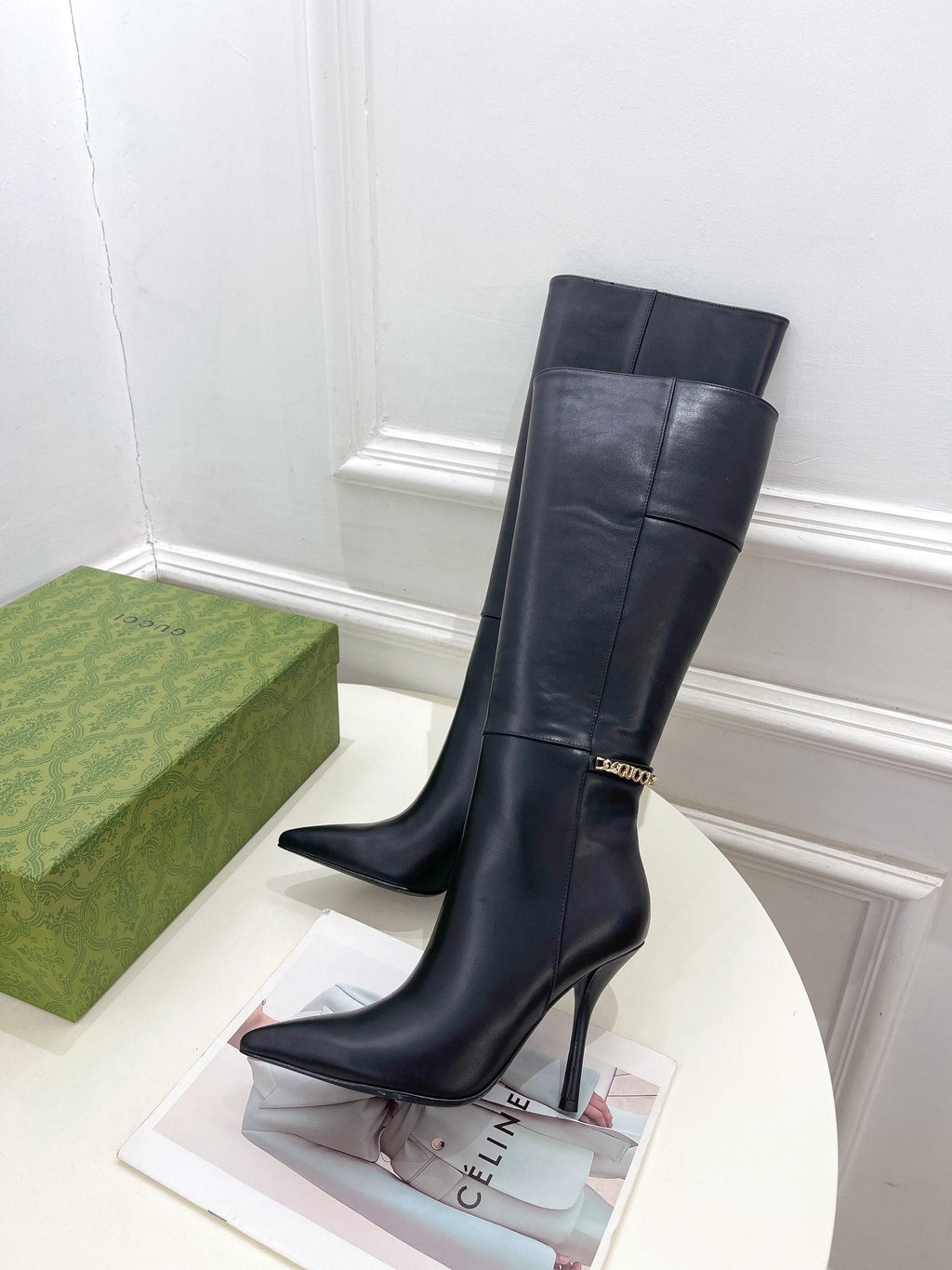 GUCCI SIGNORIA KNEE BOOTS 10.5CM IN BLACK CALFSKIN