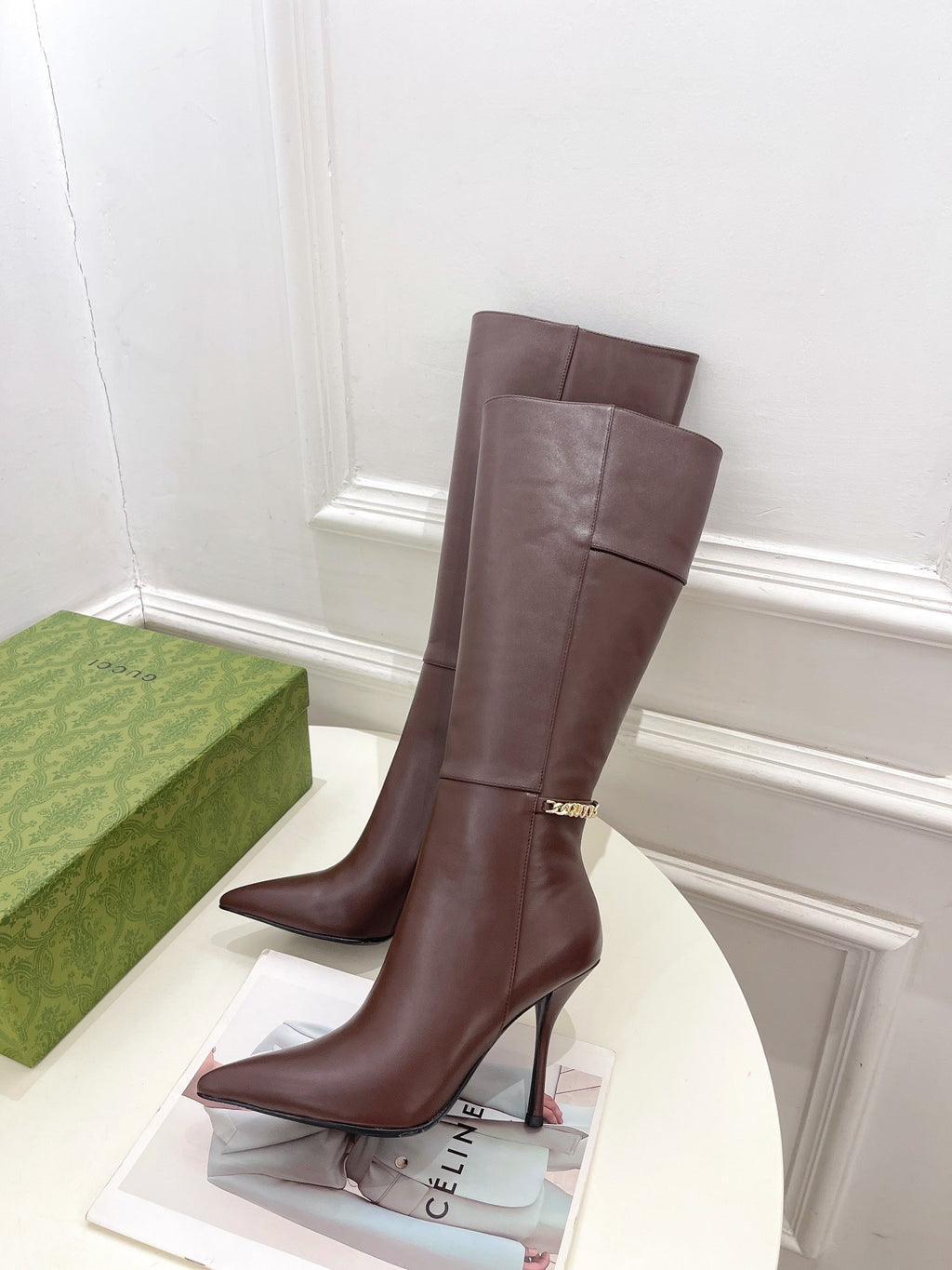 GUCCI SIGNORIA KNEE BOOTS 4.5CM IN WALNUT BROWN CALFSKIN