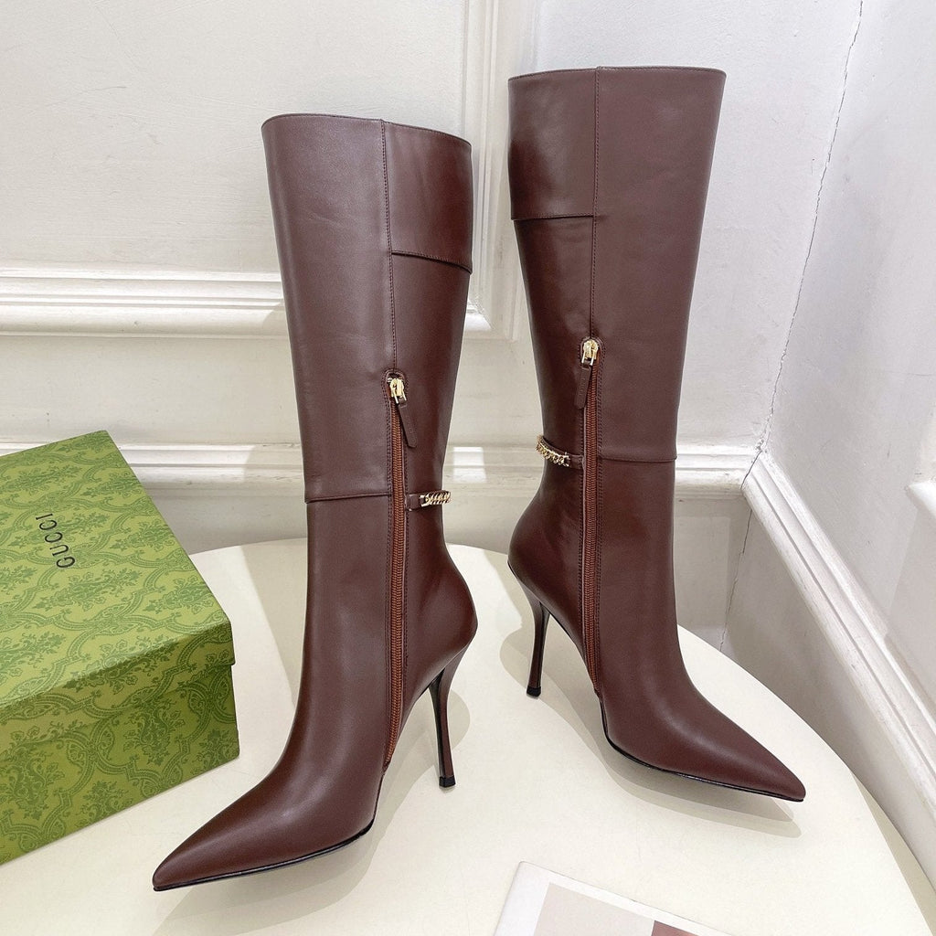 GUCCI SIGNORIA KNEE BOOTS 4.5CM IN WALNUT BROWN CALFSKIN
