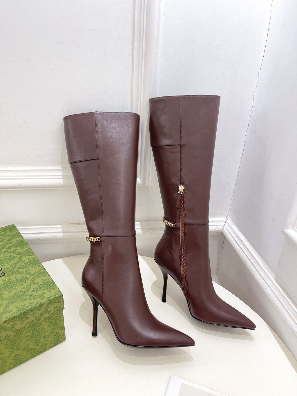 GUCCI SIGNORIA KNEE BOOTS 4.5CM IN WALNUT BROWN CALFSKIN