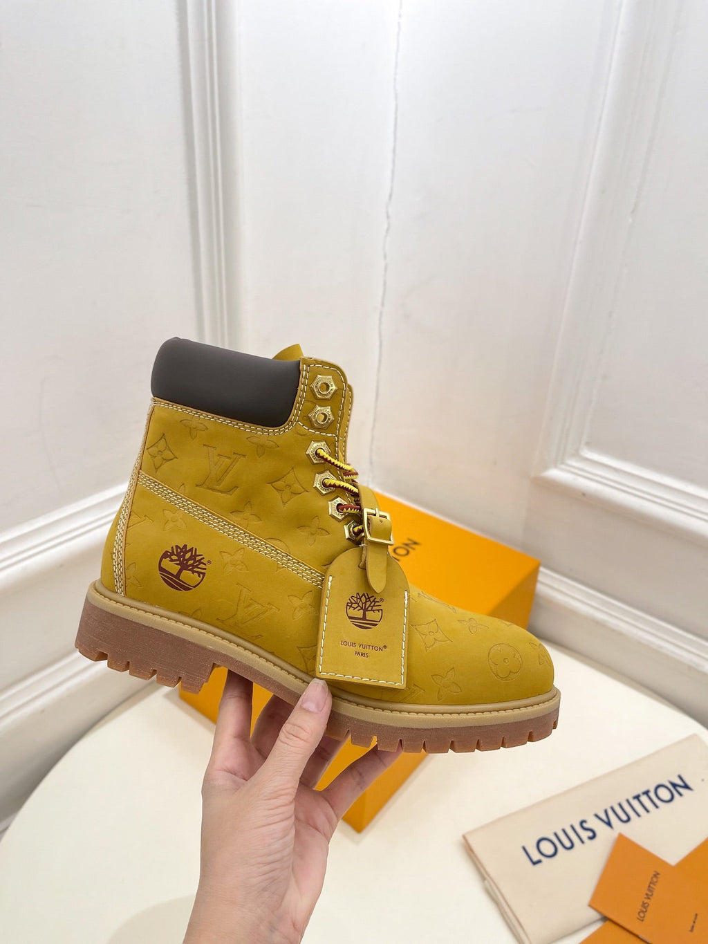 LOUIS VUITTON LV X TIMBERLAND MARTIN BOOT IN PEANUT BROWN MONOGRAM SUEDE
