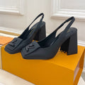 LOUIS VUITTON SHAKE SQUARE-TOE BLOCK HEEL 9 CM SANDALS IN BLACK PEPPLE CALFSKIN