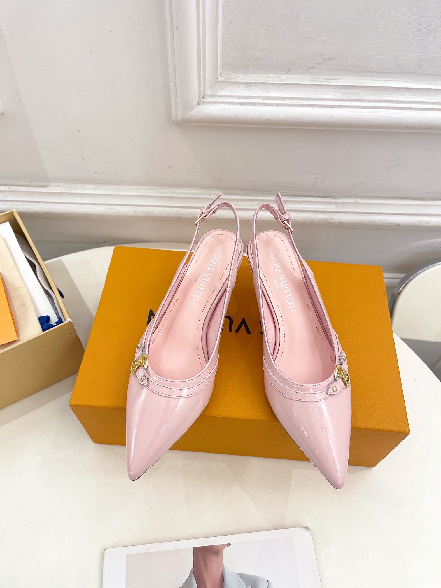 LOUIS VUITTON HIGH SLINGBACKS 5 CM IN BABY PINK CALFSKIN
