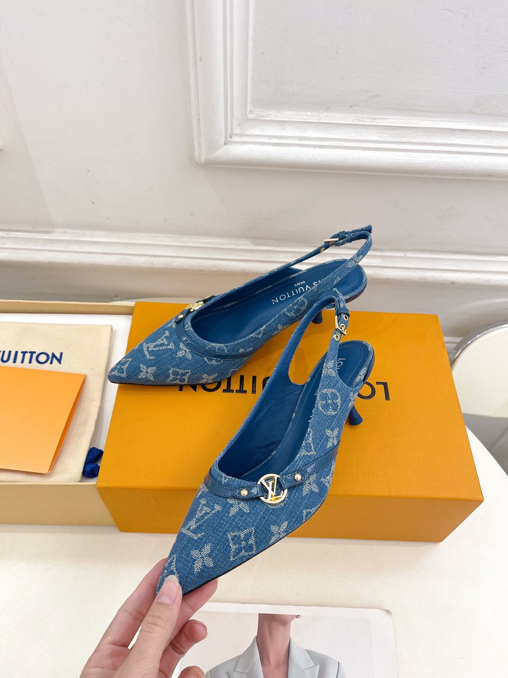 LOUIS VUITTON HIGH SLINGBACKS 5 CM IN CLASSIC BLUE MONOGRAM DENIM FABRIC