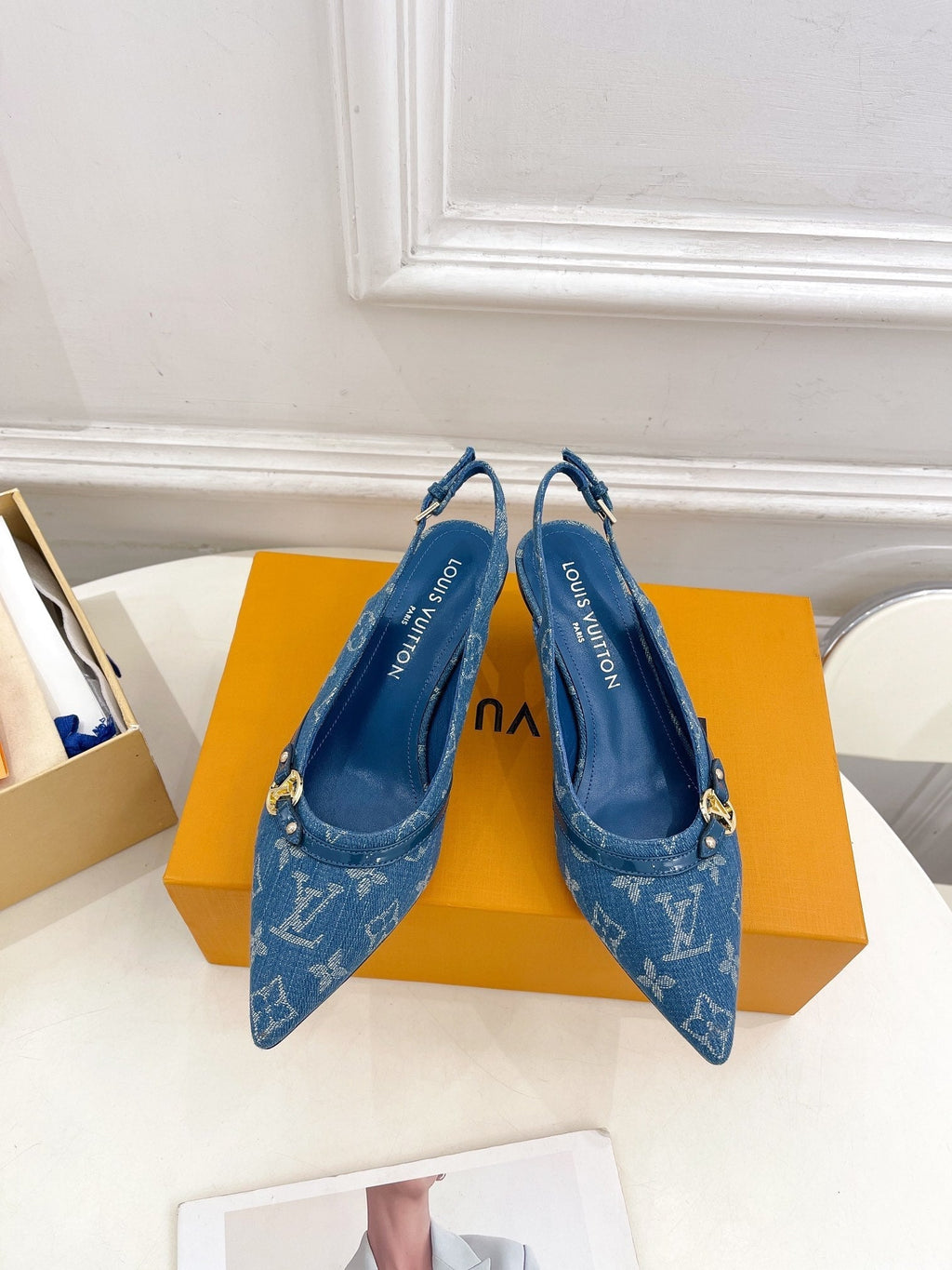 LOUIS VUITTON HIGH SLINGBACKS 5 CM IN CLASSIC BLUE MONOGRAM DENIM FABRIC