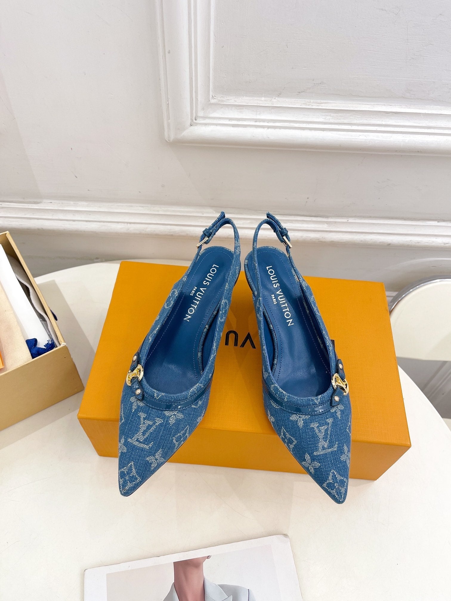 LOUIS VUITTON HIGH SLINGBACKS 5 CM IN CLASSIC BLUE MONOGRAM DENIM FABRIC